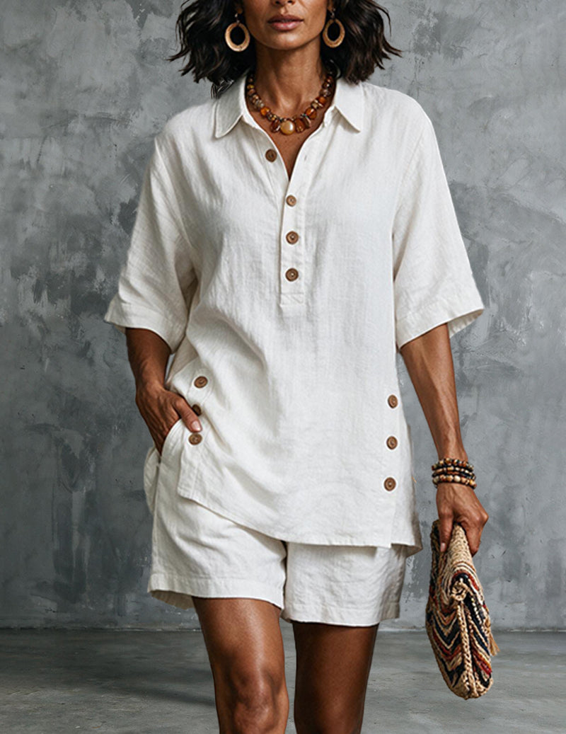 White linen short-sleeve collared button shirt with matching shorts, front view