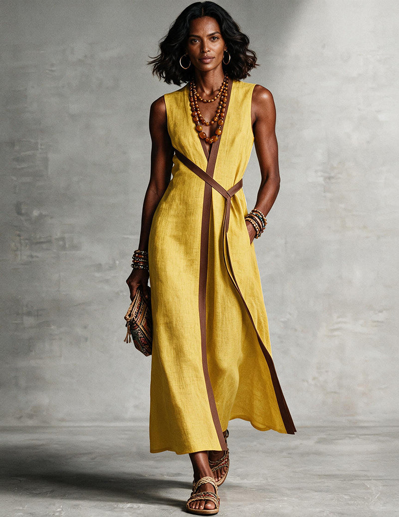 Mustard yellow sleeveless maxi dress with V-neck wrap front and brown tie belt