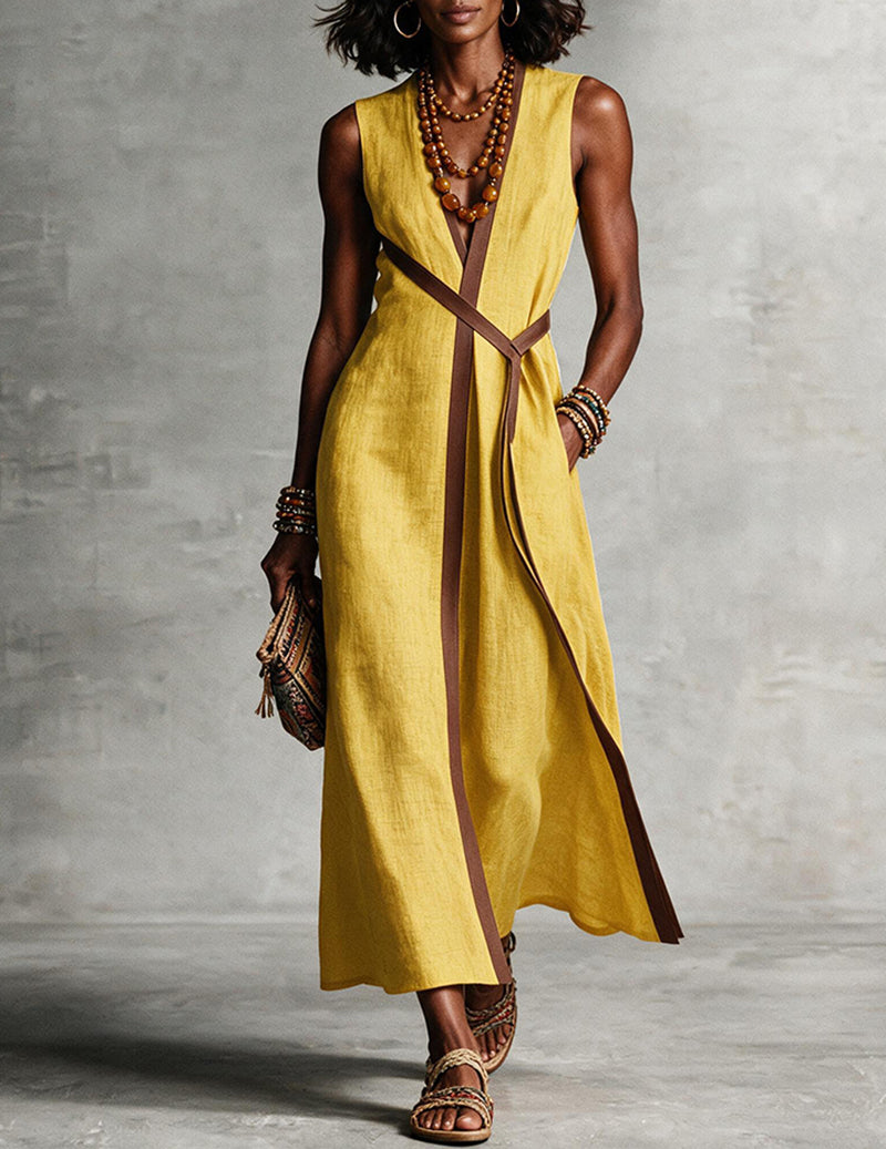 Yellow sleeveless maxi dress with V-neck wrap front and brown tie waist trim