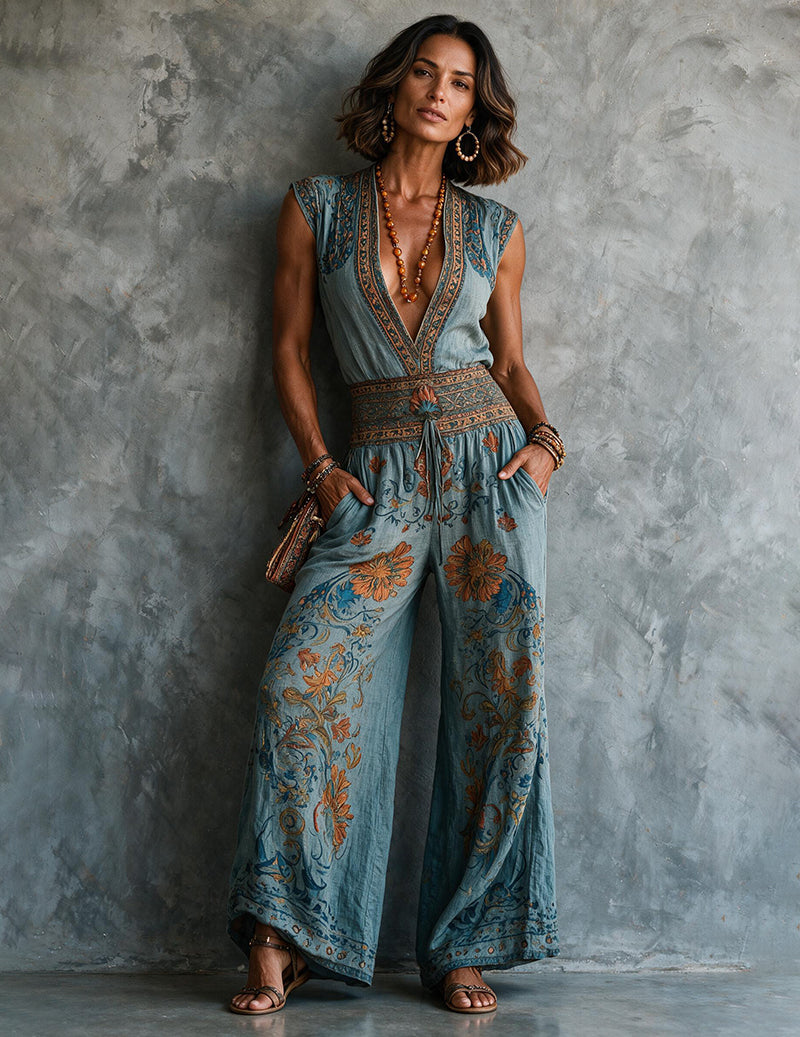Women's teal-blue floral wide-leg jumpsuit with deep V, sleeveless bodice and belt