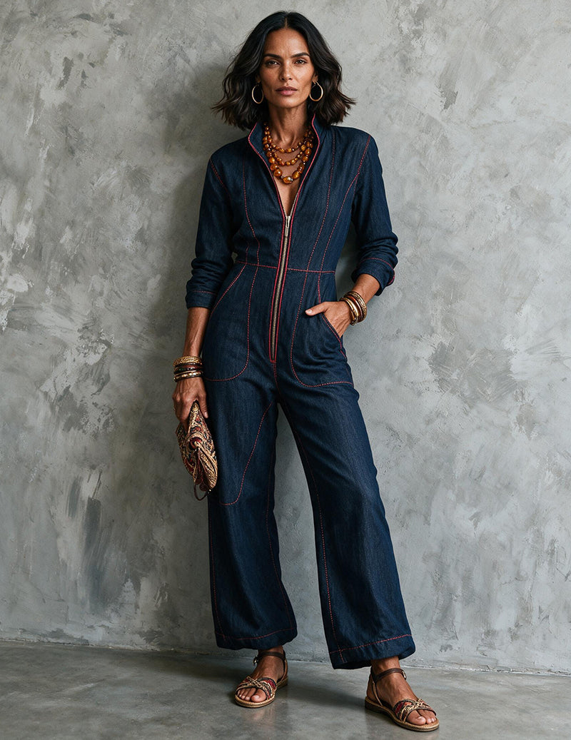 Full-length blue denim wide-leg jumpsuit with long sleeves, zip front, contrast topstitching