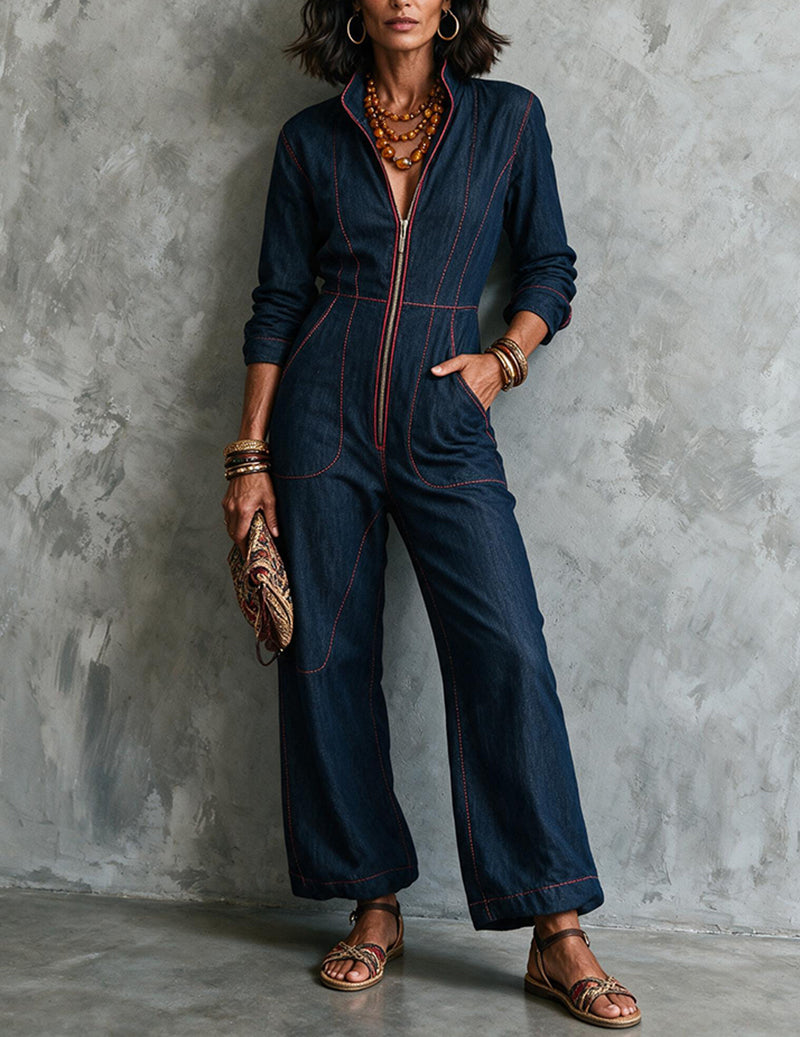 Blue denim wide-leg jumpsuit, long sleeves, zip front, contrast topstitching, pockets