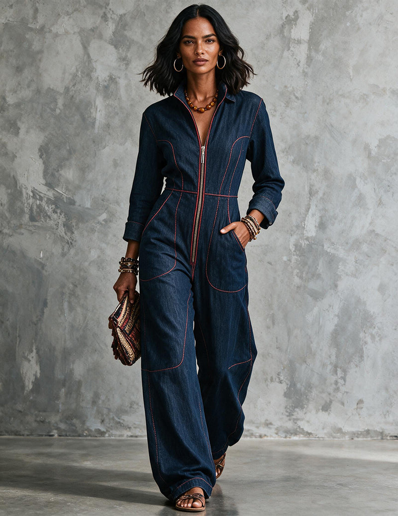 Blue denim wide-leg jumpsuit with long sleeves, zip front, contrast topstitching and pockets