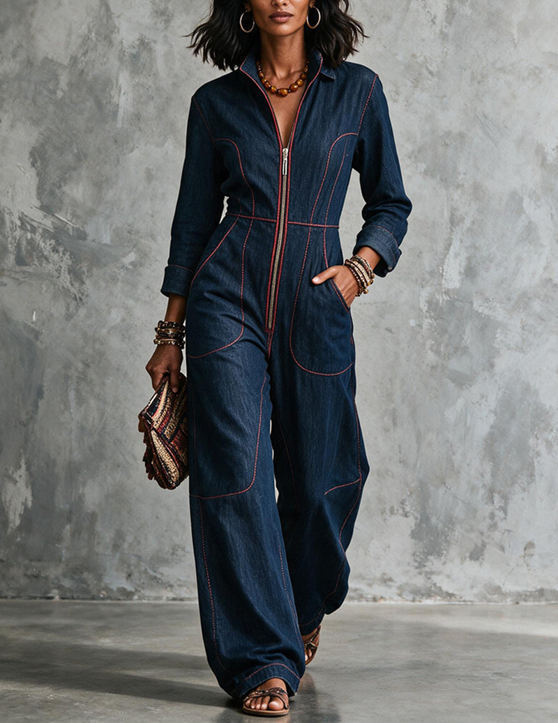 Blue denim wide-leg jumpsuit with zip front, long sleeves, contrast piping topstitching