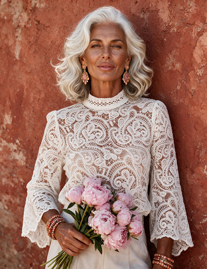 Ekouaer French Lace Stand Collar Long Sleeve Top
