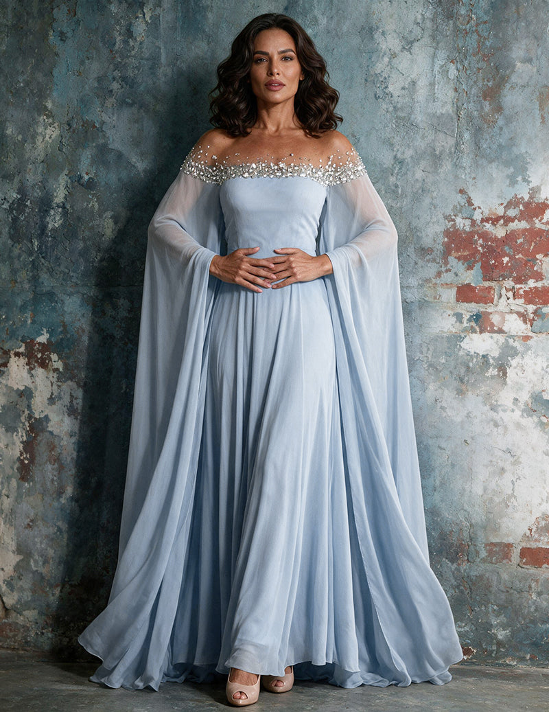 Light blue off-shoulder evening gown with sparkling beaded neckline and cape sleeves