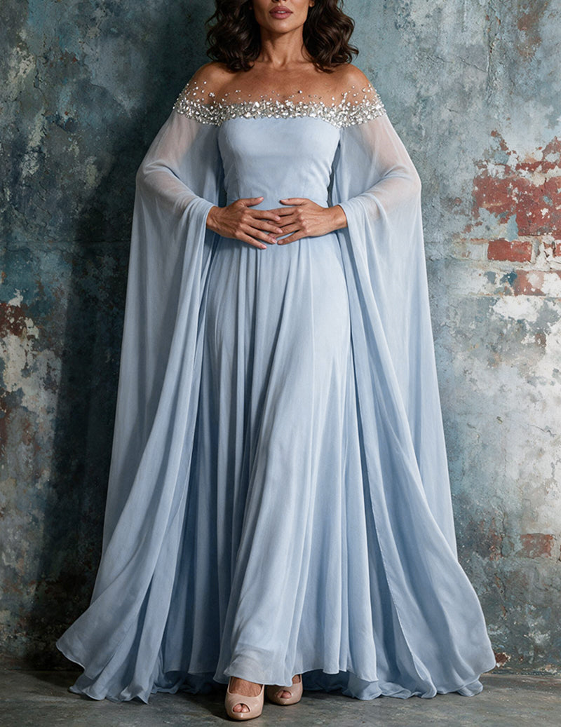 Light blue off-shoulder evening gown with beaded neckline and draped cape sleeves