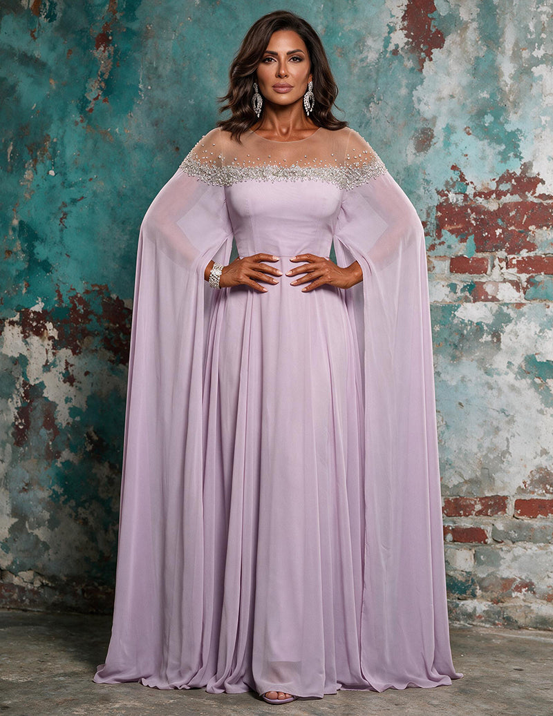 Lavender off-shoulder evening gown with beaded yoke and flowing cape sleeves