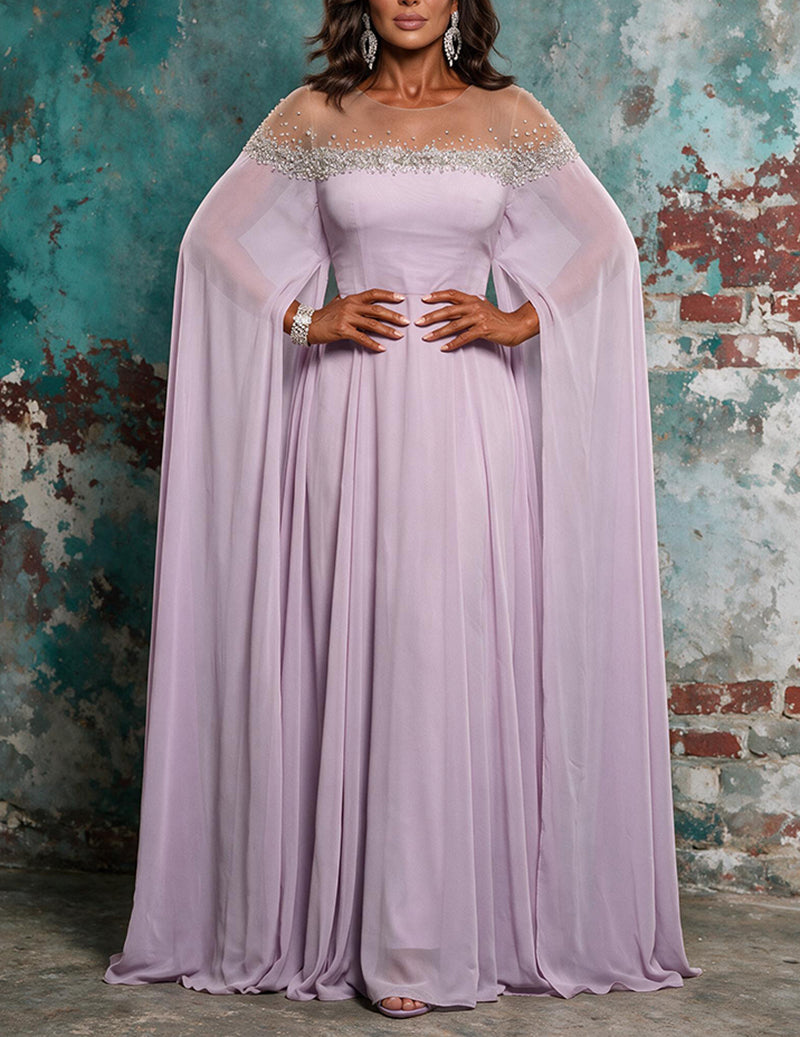 Lavender off-shoulder evening gown with beaded neckline and cape sleeves