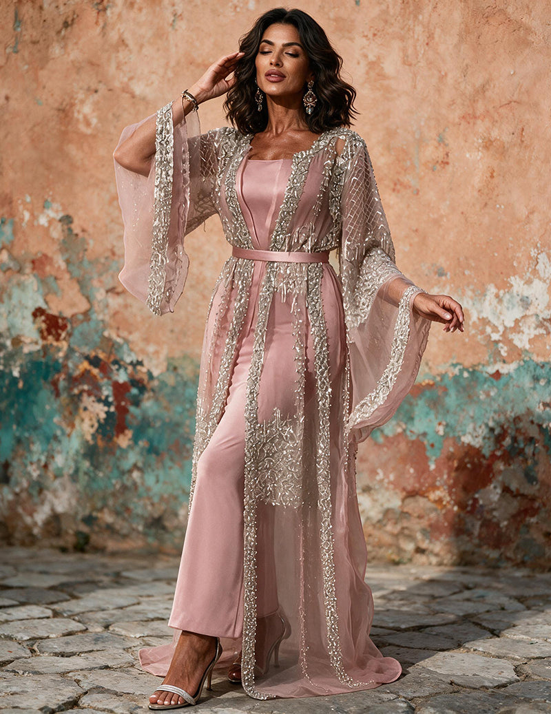 Rose sequin-embellished abaya kaftan with sheer cape sleeves and vertical gold trim