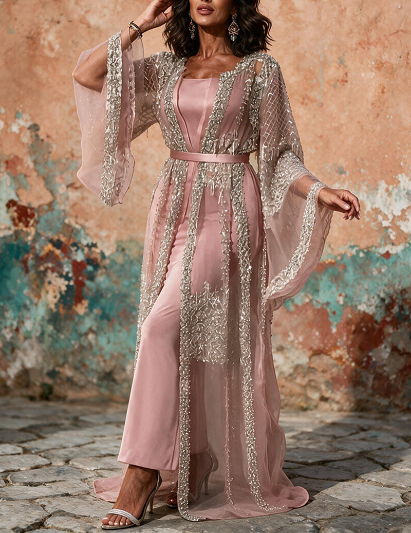 Rose sheer mesh abaya kaftan with sequin trim, cape sleeves and long hem