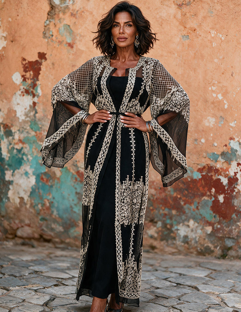 Black sequin abaya kaftan with sheer cape sleeves, V-neck and ornate trim