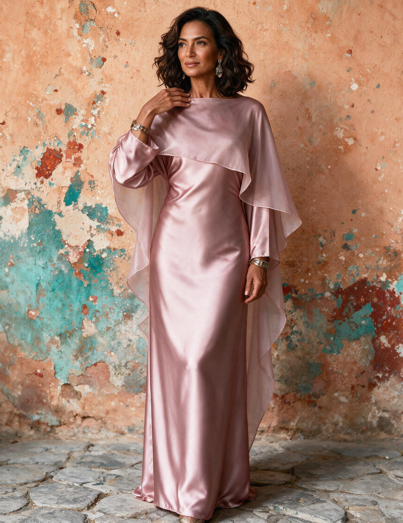 Satin Modest Dress Long Sleeve Cape Abaya with Tie Back Pink / M
