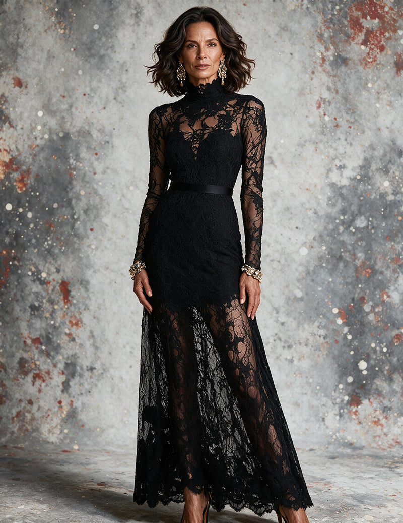 Black long-sleeve lace maxi evening dress with high neckline and floral sheer lace