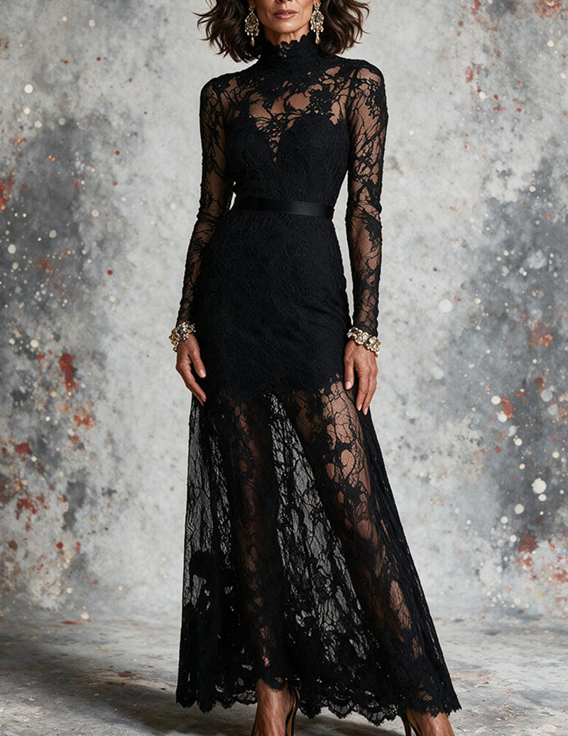 Black long-sleeve lace maxi evening dress with sheer floral overlay and fitted waist