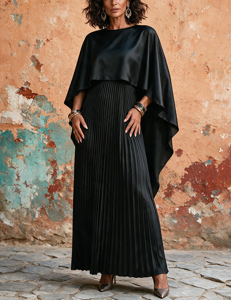 Black batwing cape overlay pleated maxi dress with long skirt and asymmetrical hem