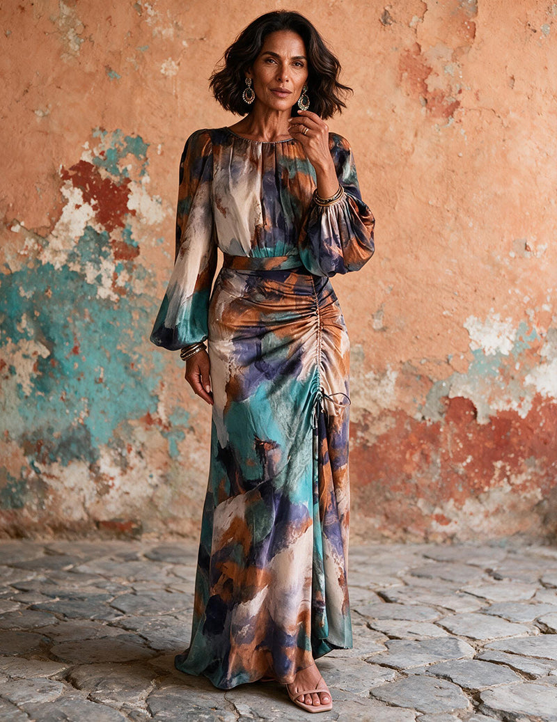 Abstract print ruched maxi dress, long puff sleeves, high neck, teal and multicolor