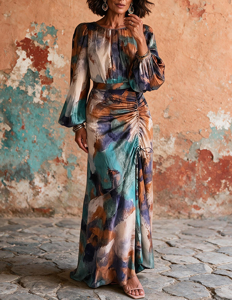 Abstract floral ruched maxi dress with long sleeves, high neckline, teal and navy print