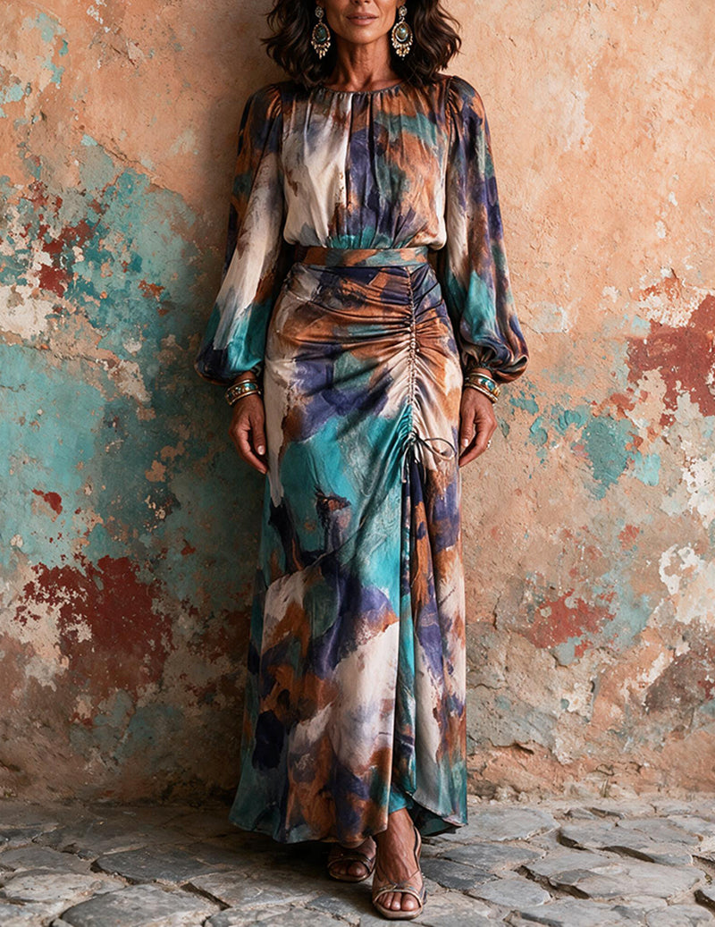 Ruched waist wrap maxi dress with long sleeves and high neckline, teal and blue abstract print