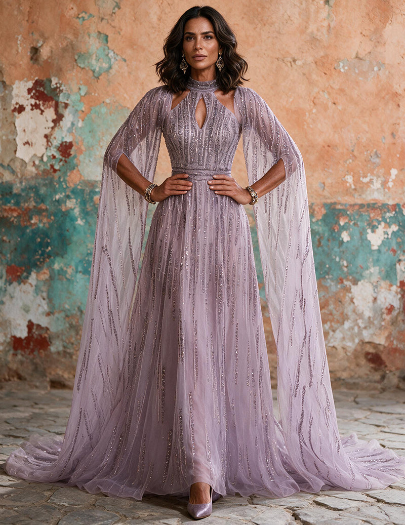 Lilac sparkly tulle formal gown with open neckline and long sheer cape drape
