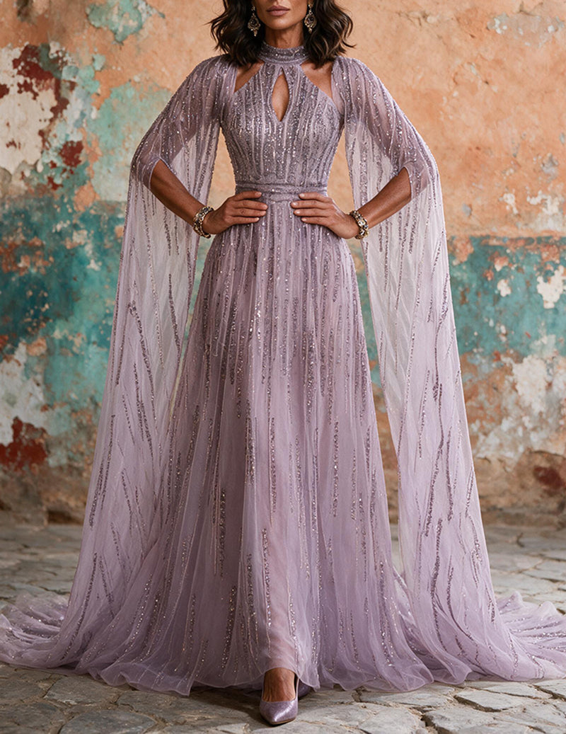Lilac sequin evening gown with cape sleeves, keyhole neckline, flowing tulle skirt