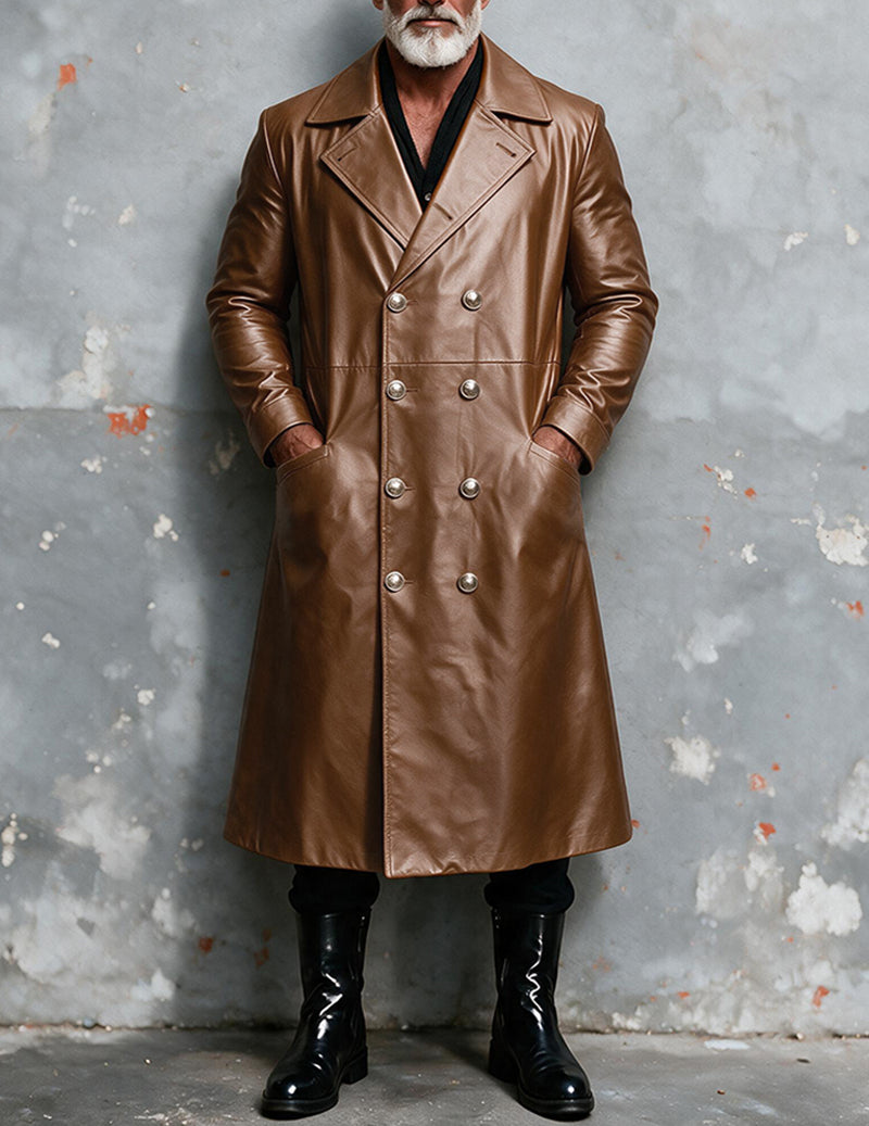 Men Faux Leather Double-Breasted Long Trench Coat Overcoat