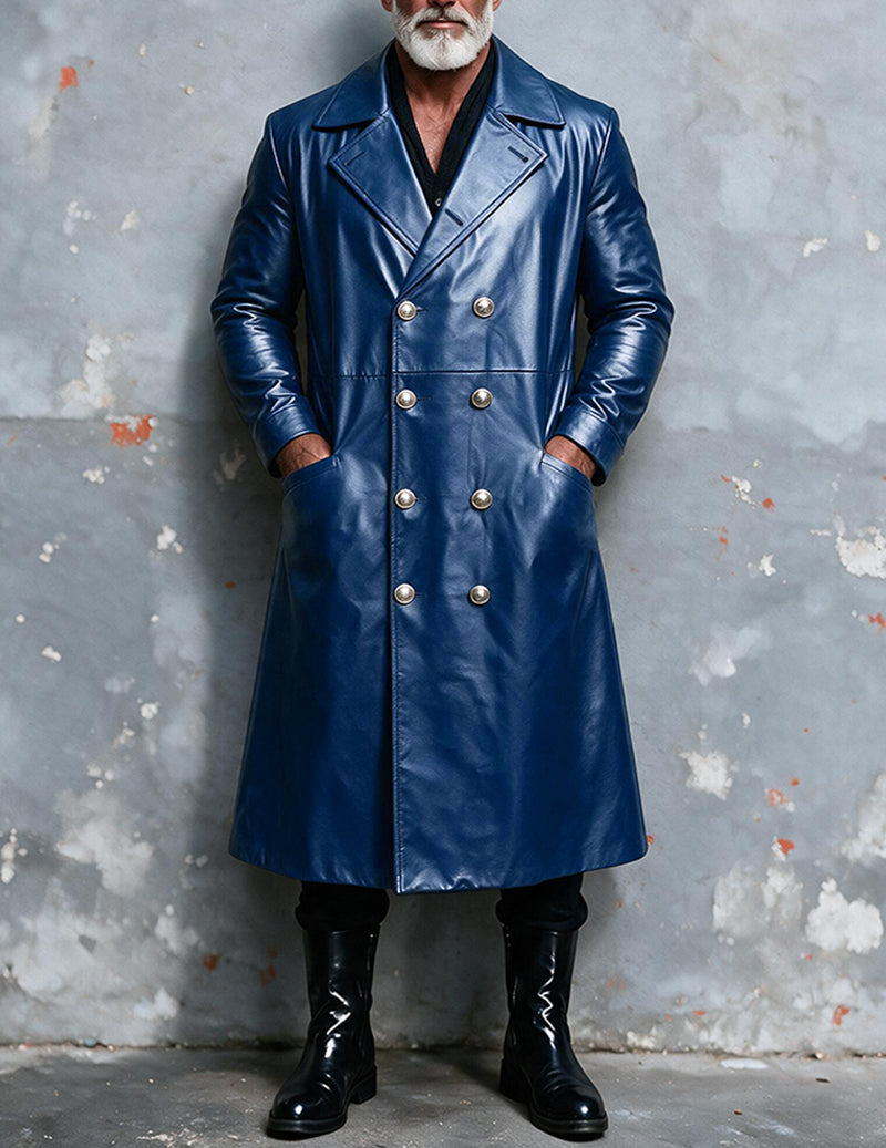 Men Faux Leather Double-Breasted Long Trench Coat Overcoat