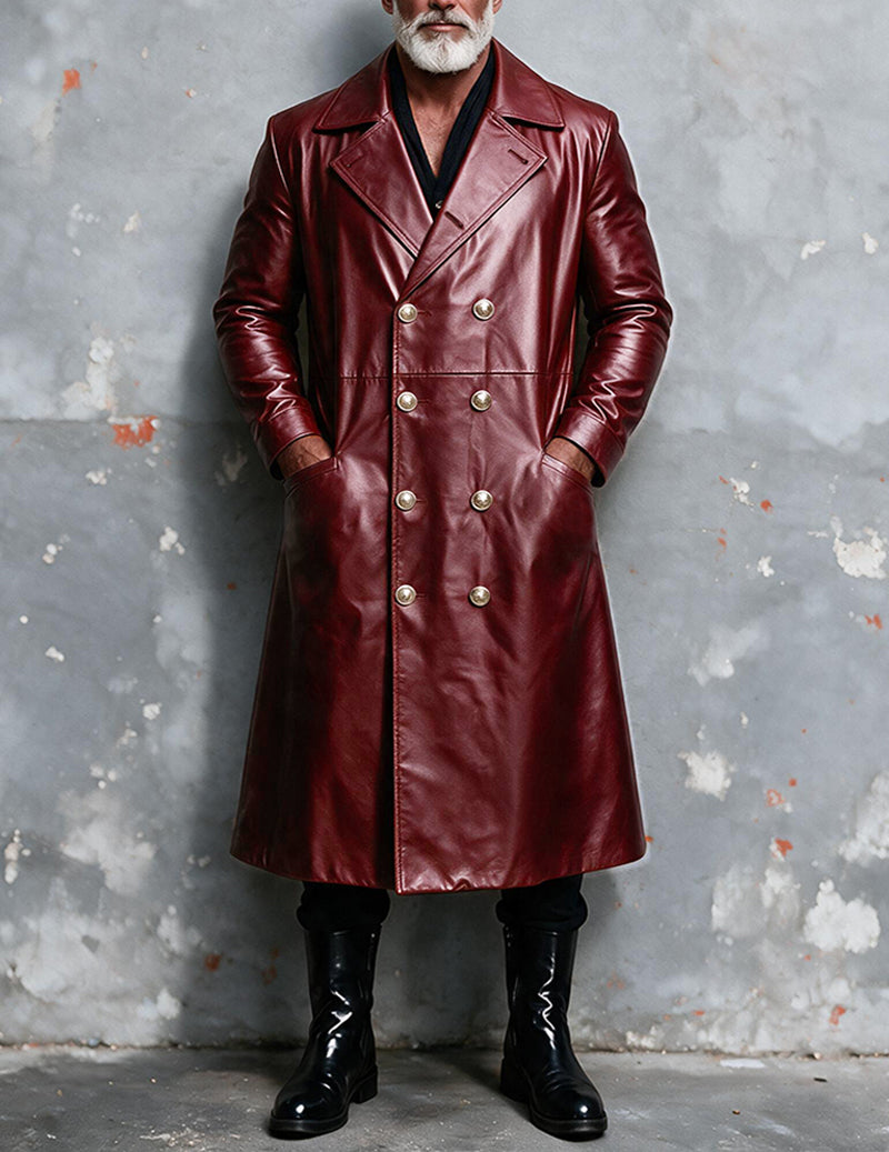 Men Faux Leather Double-Breasted Long Trench Coat Overcoat