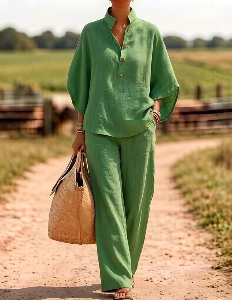 Linen Two Piece Set Mandarin Collar Batwing Sleeve Top & Wide Leg Pants