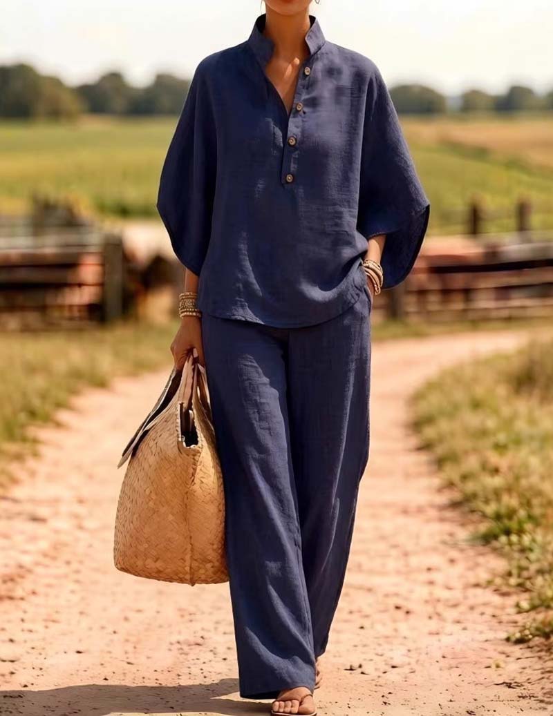 Linen Two Piece Set Mandarin Collar Batwing Sleeve Top & Wide Leg Pants