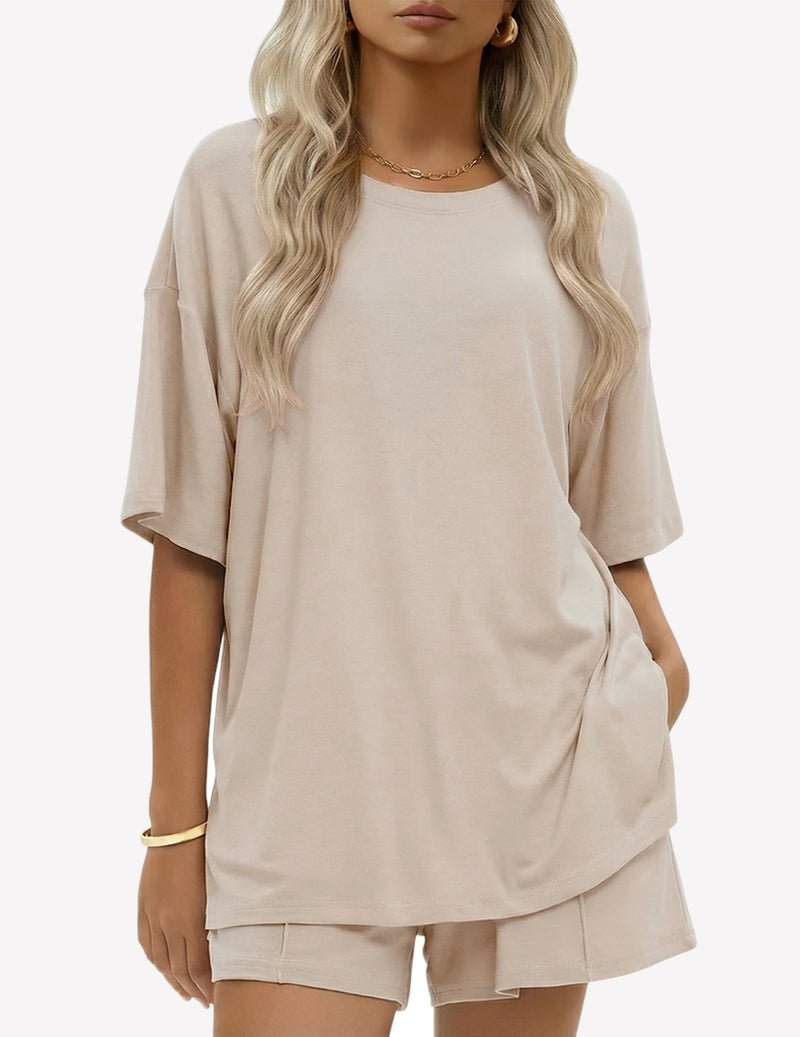 Baumwoll-Short-Set, Beige: weites Kurzarmshirt mit Seitentasche und Shorts