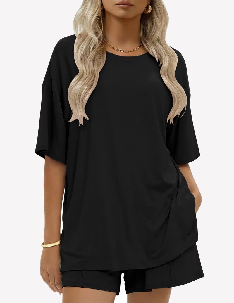 Baumwoll-Short-Set, Schwarz: T-Shirt mit Seitentasche und passende Kurzhose