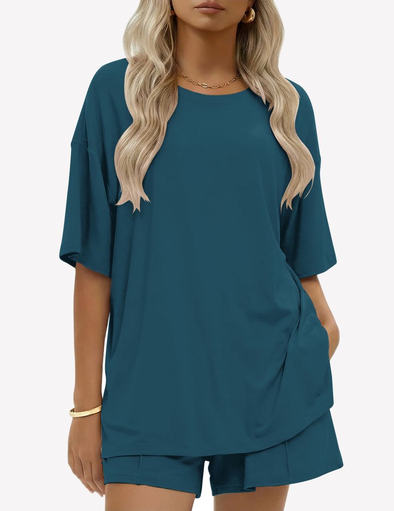 Baumwoll-Short-Set, Blue Green: locker geschnittenes Kurzarmshirt mit Seitentasche