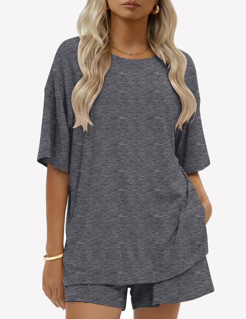 Baumwoll-Short-Set, Dark Grey: lockeres Kurzarmshirt mit Seitentasche & Shorts