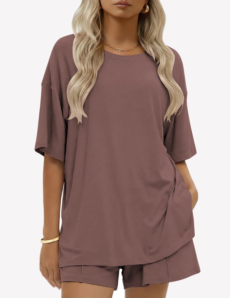 Wine red cotton 2-piece short set, short-sleeve tee and lounge shorts