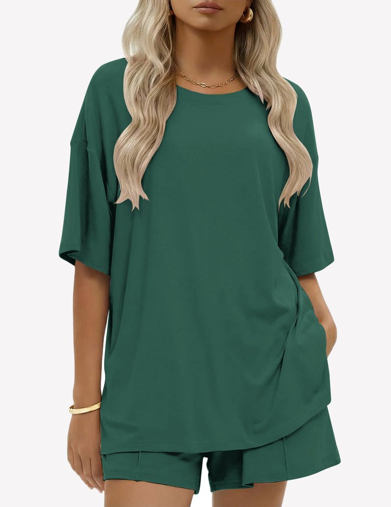 Baumwoll-Short-Set, Deep Green: weites Kurzarmshirt mit Seitentasche und Shorts