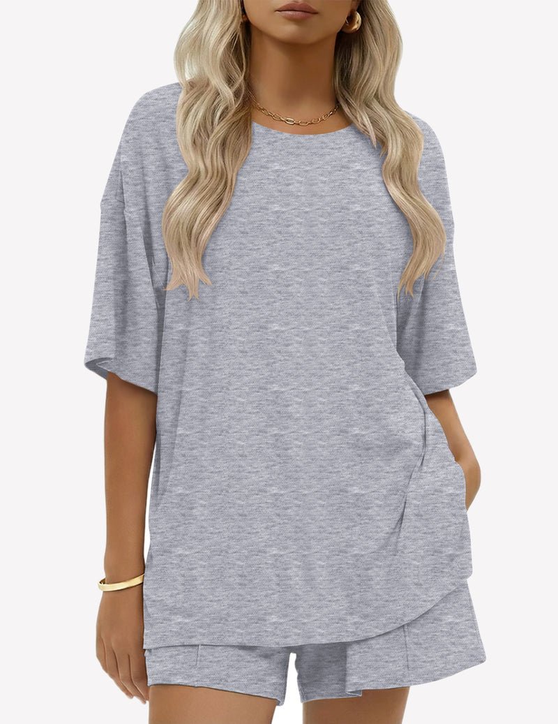 Baumwoll-Short-Set, Grau meliert: Kurzarmshirt mit Seitentasche und Kurzhose