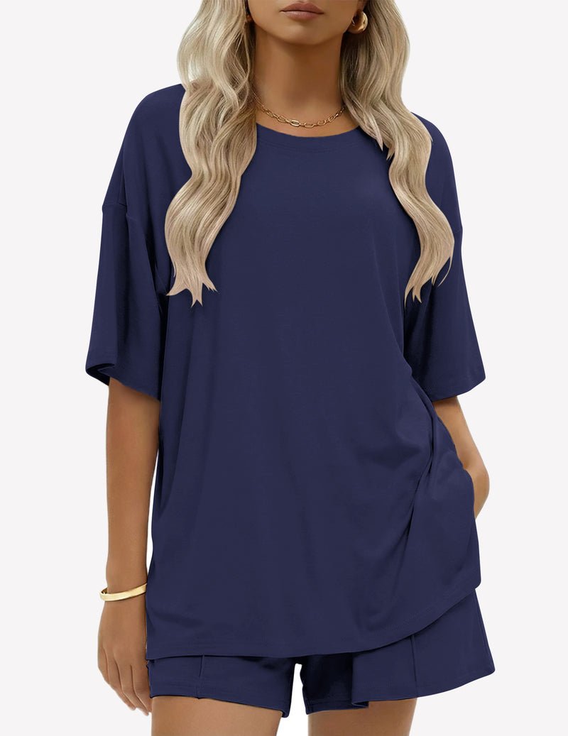 Baumwoll-Short-Set, Navy Blue: lockeres Kurzarmshirt mit Seitentasche & Shorts