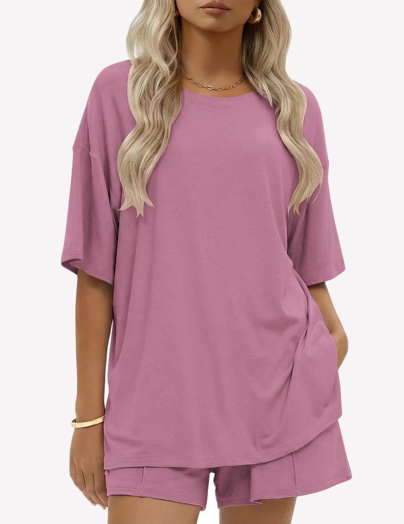 Ekouaer Short-Set aus Baumwolle, Rose Red: T-Shirt mit Seitentasche & Shorts