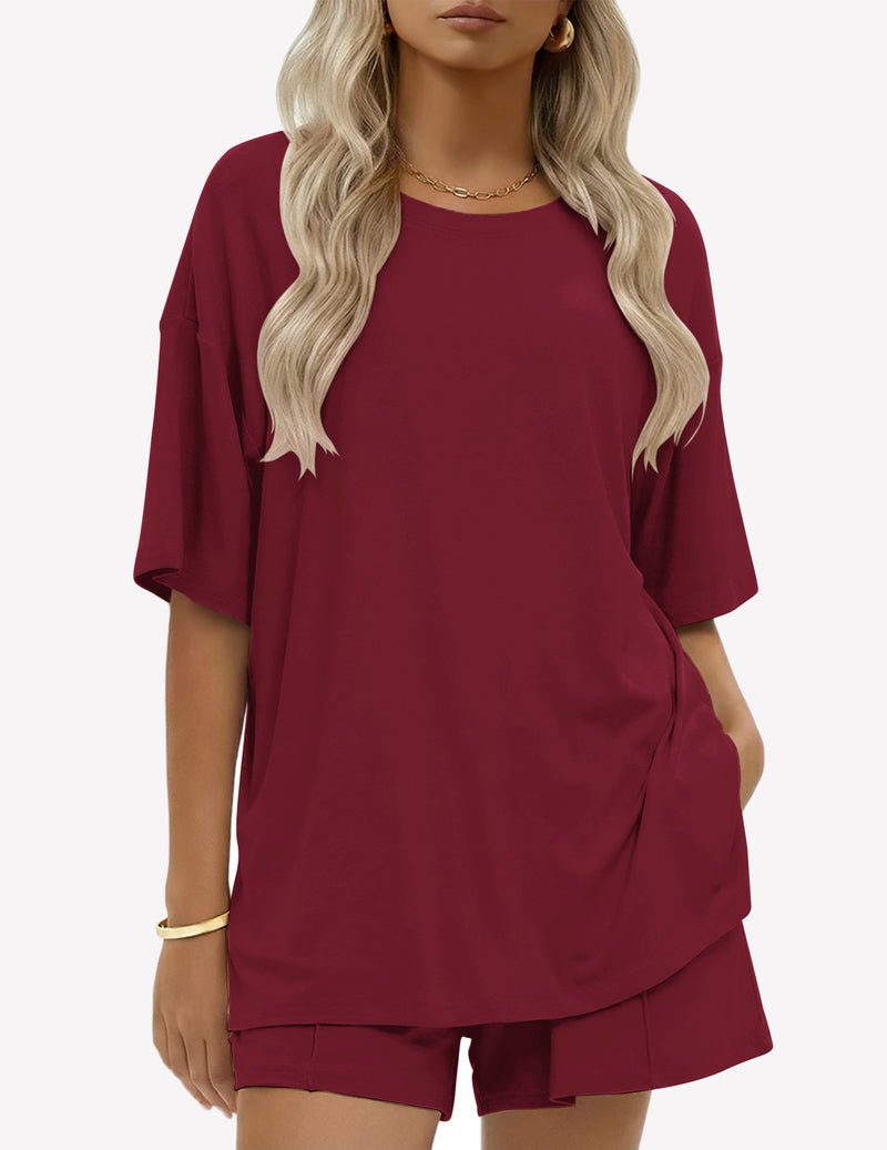 Baumwoll-Short-Set, Wine Red: Kurzarmshirt mit Seitentasche und Kurzhose