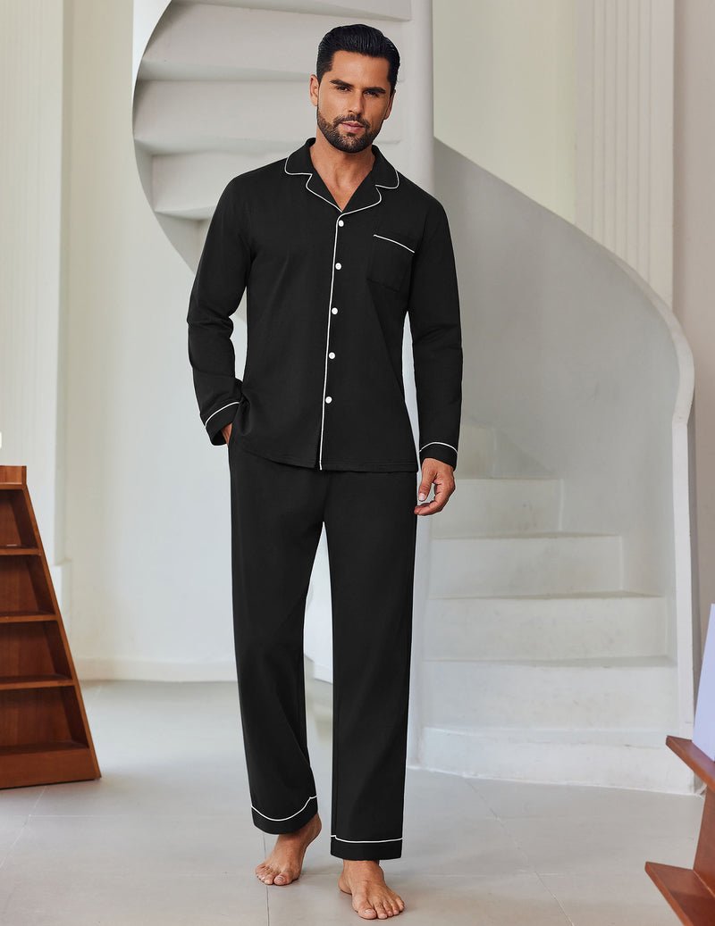 Black cotton pajama set for men, button-front top with contrast trim and long pants