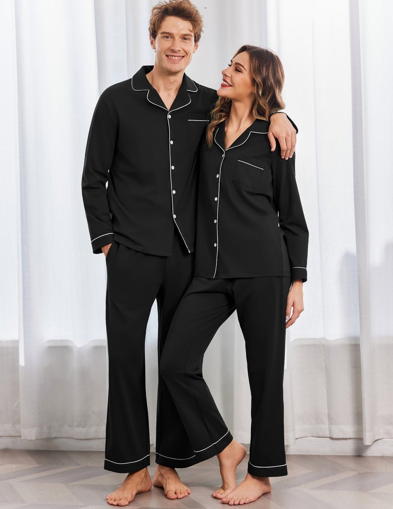Ekouaer black cotton couple pajama set, button-front tops and long pants with piping