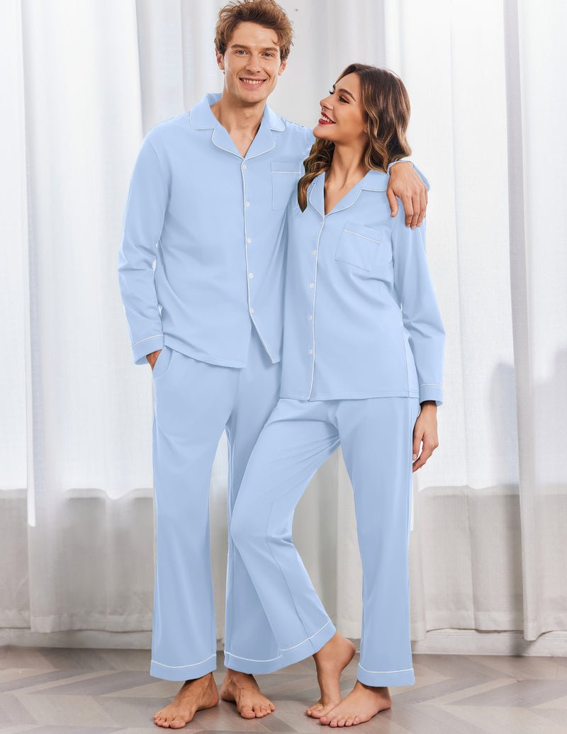 Cotton couple pajama set in light blue, button-front tops with matching long pants