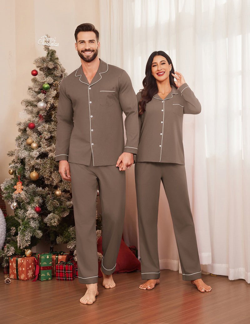 Cotton couple pajama set in dark brown/charcoal with button-front shirts and pants