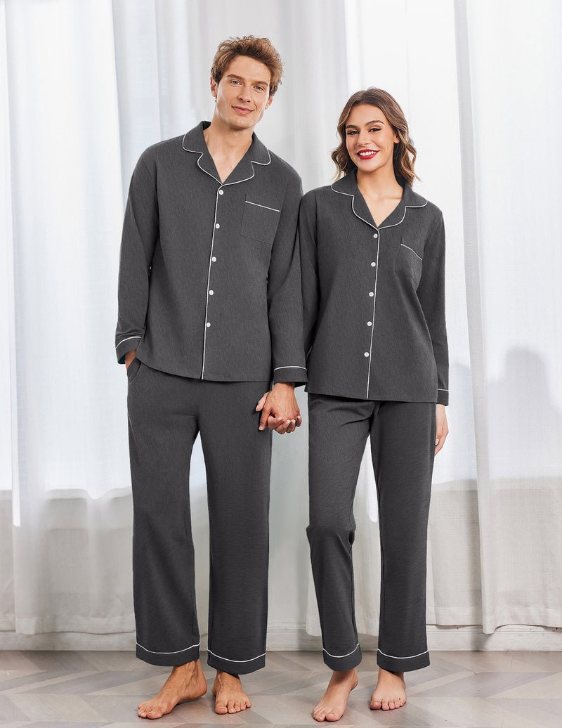 Dark grey cotton couple pajama set with contrast piping, button-front tops and pants