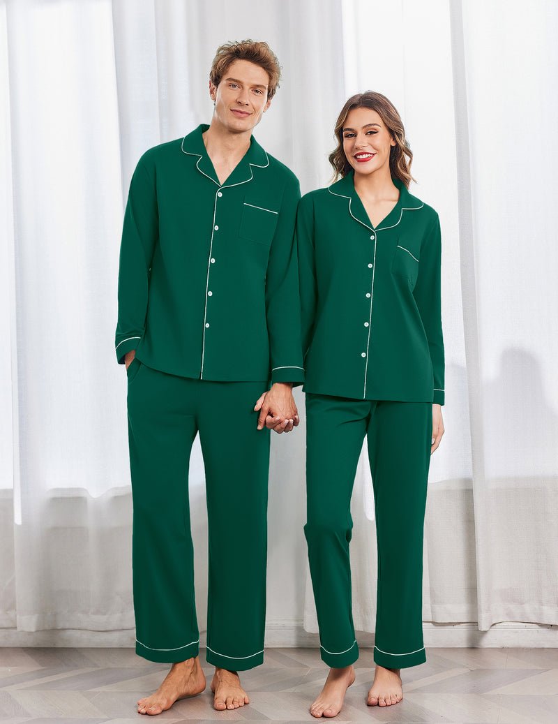 Cotton couple pajama set in green with contrast piping, button-front tops and long pants
