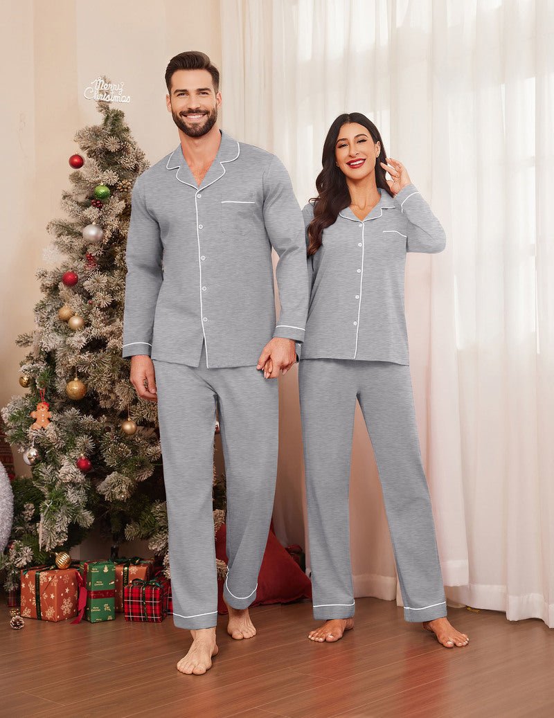 Cotton couple pajama set in light grey with button-front shirts and matching long pants