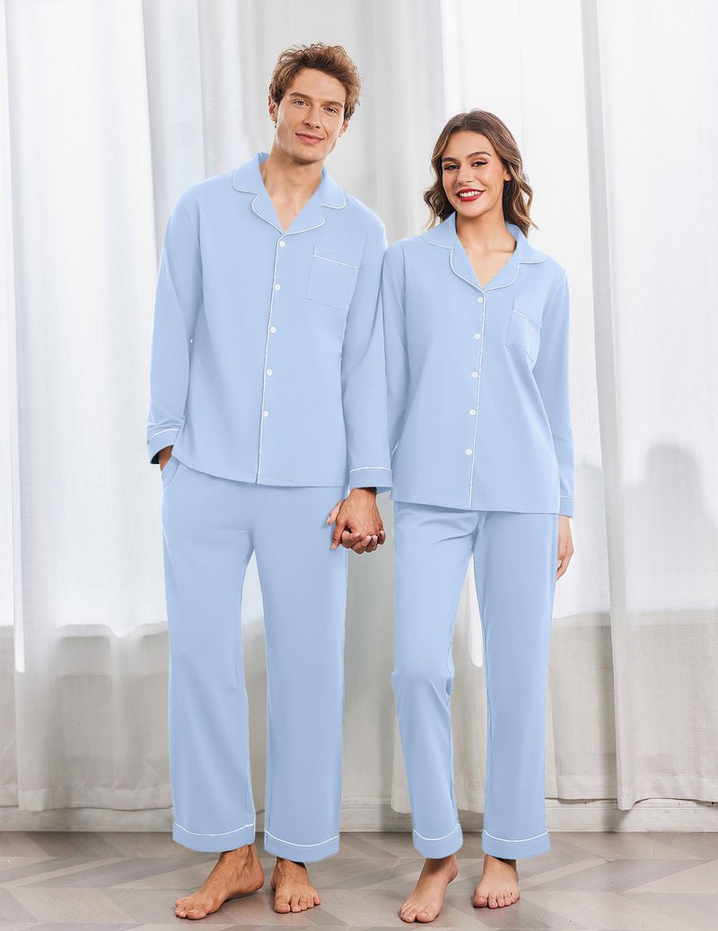 Cotton couple pajama set in light blue—long-sleeve button shirts with wide-leg pants