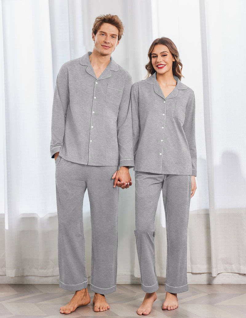 Light grey cotton couple pajama set with contrast trim, long-sleeve button shirts