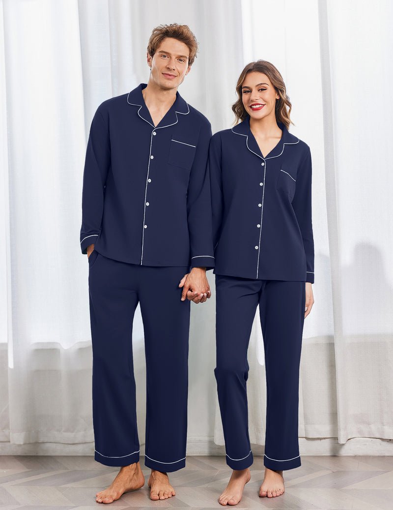 Navy cotton pajama set for couples, long-sleeve button tops and ankle-length pants